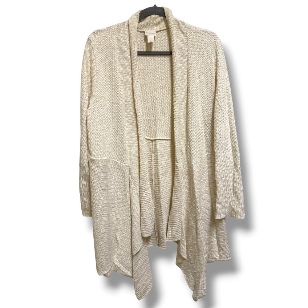 Chico's Cream Gold Metallic Open Front Draped Cardigan Sweater Size 2 Large - Picture 3 of 8